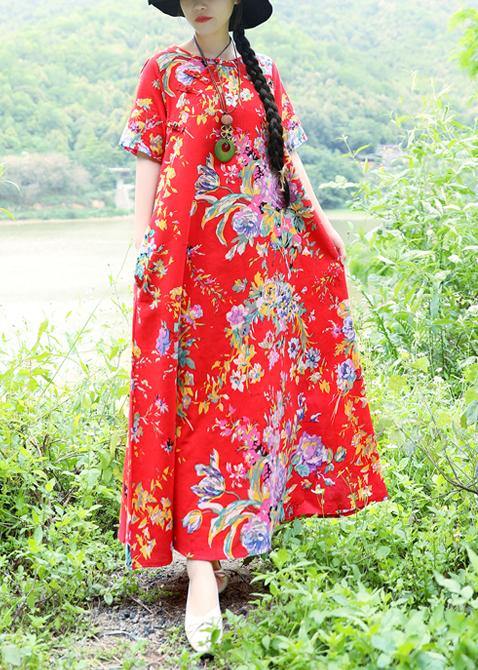 Simple O Neck Cotton Wardrobes Sewing Red Prints Traveling Dresses Summer