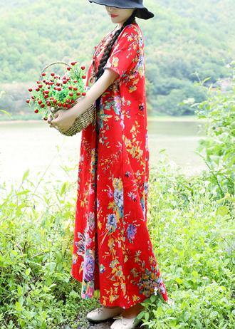 Simple O Neck Cotton Wardrobes Sewing Red Prints Traveling Dresses Summer