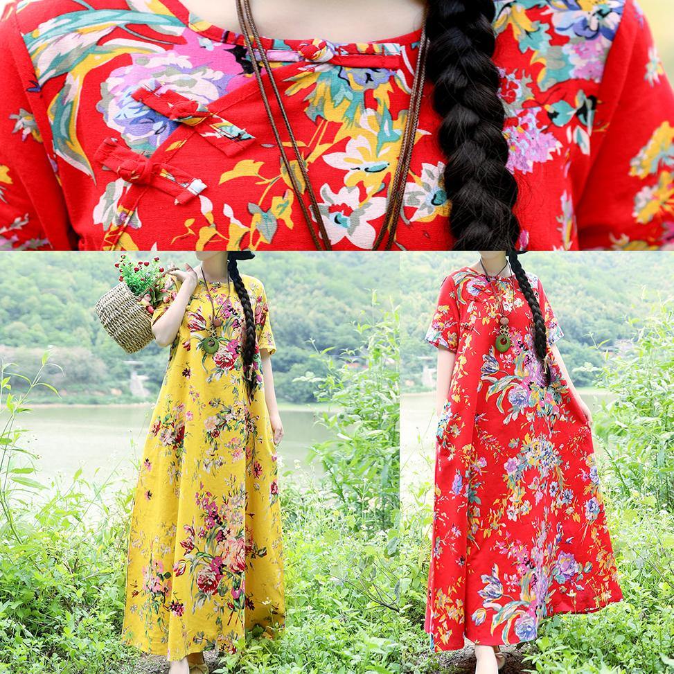 Simple O Neck Cotton Wardrobes Sewing Red Prints Traveling Dresses Summer