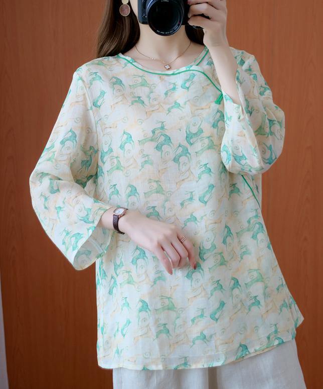 Simple o neck half sleeve clothes Tutorials green print top
