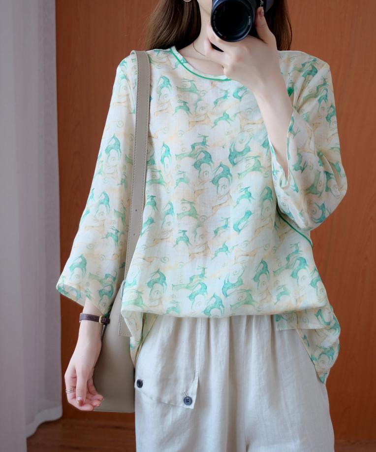Simple o neck half sleeve clothes Tutorials green print top