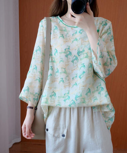 Simple o neck half sleeve clothes Tutorials green print top