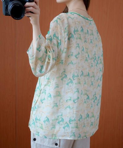 Simple o neck half sleeve clothes Tutorials green print top