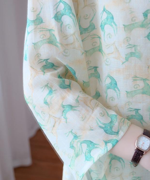 Simple o neck half sleeve clothes Tutorials green print top