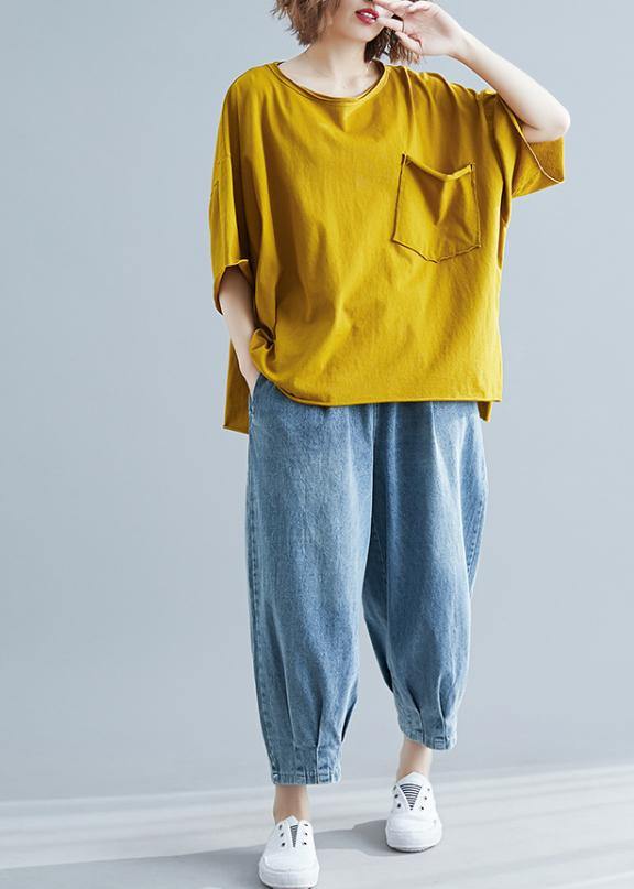 Simple O Neck Half Sleeve Cotton Summer Top Silhouette Yellow Shirt
