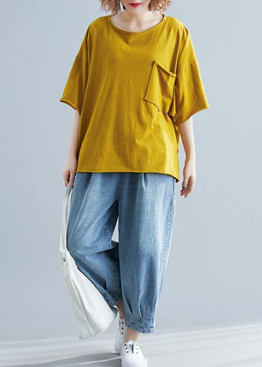 Simple O Neck Half Sleeve Cotton Summer Top Silhouette Yellow Shirt