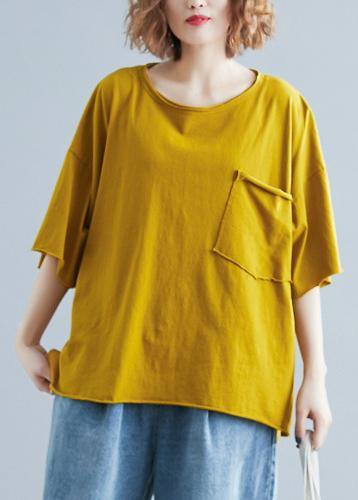 Simple O Neck Half Sleeve Cotton Summer Top Silhouette Yellow Shirt