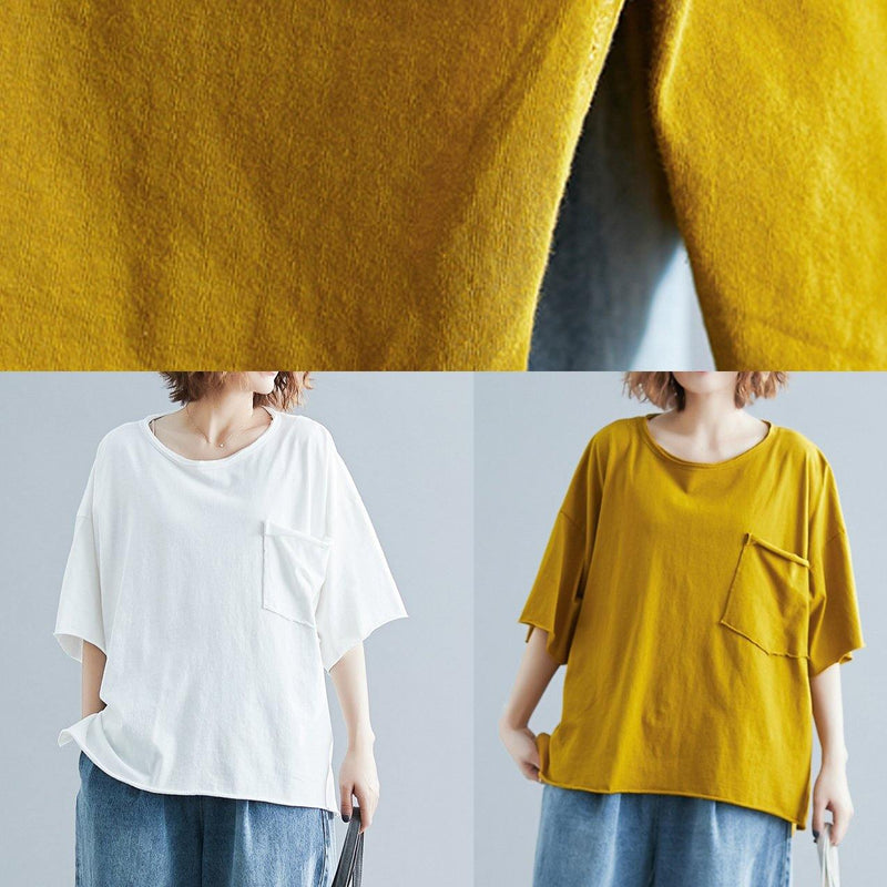 Simple O Neck Half Sleeve Cotton Summer Top Silhouette Yellow Shirt