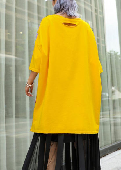 Simple O Neck Half Sleeve Cotton Top Neckline Yellow Print Blouse Summer