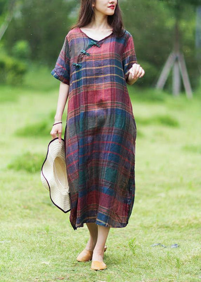 Simple O Neck Half Sleeve Linen Summer Dresses Photography Plaid Dress