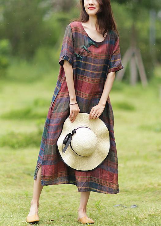 Simple O Neck Half Sleeve Linen Summer Dresses Photography Plaid Dress