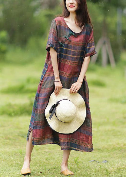 Simple O Neck Half Sleeve Linen Summer Dresses Photography Plaid Dress