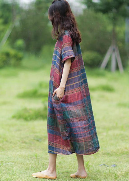 Simple O Neck Half Sleeve Linen Summer Dresses Photography Plaid Dress