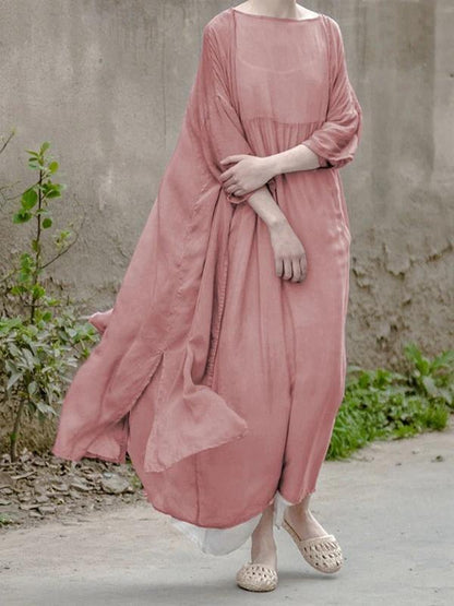 Simple O Neck Large Hem Clothes for Neckline Pink Maxi Dress
