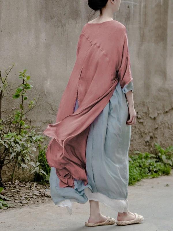 Simple O Neck Large Hem Clothes for Neckline Pink Maxi Dress