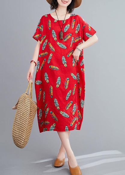Simple O Neck Linen Clothes for Runway Red Feather Print Dresses