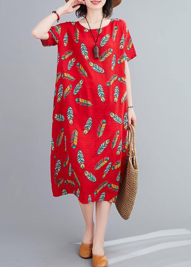 Simple O Neck Linen Clothes for Runway Red Feather Print Dresses