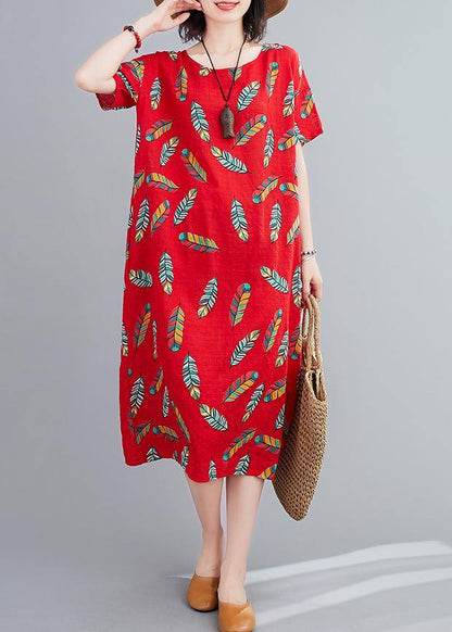 Simple O Neck Linen Clothes for Runway Red Feather Print Dresses