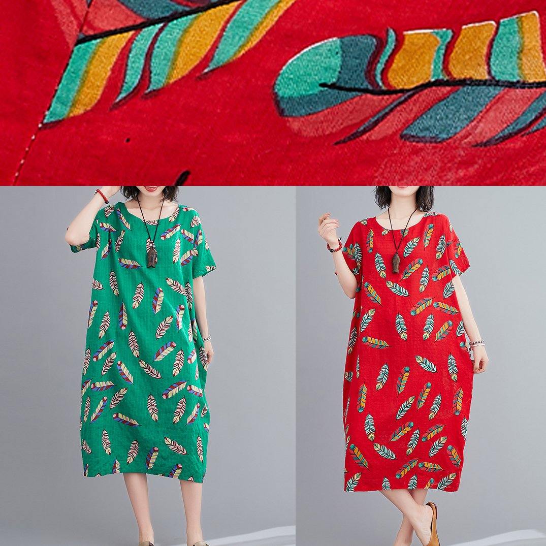 Simple O Neck Linen Clothes for Runway Red Feather Print Dresses
