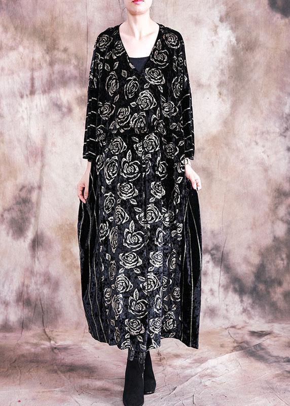 Simple O Neck Patchwork Tunics Inspiration Black Large Print Maxi Dresses Fall