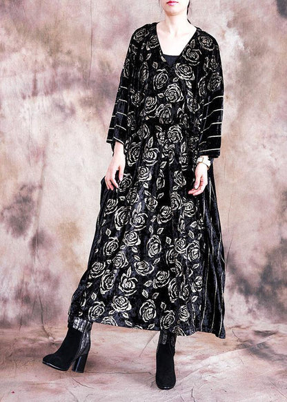 Simple O Neck Patchwork Tunics Inspiration Black Large Print Maxi Dresses Fall