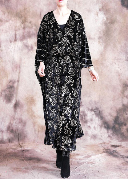 Simple O Neck Patchwork Tunics Inspiration Black Large Print Maxi Dresses Fall