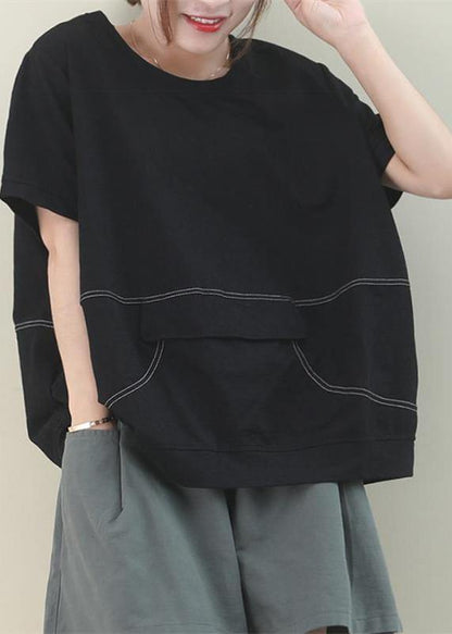 Simple O Neck Patchwork Cotton Tunic Work Outfits Black Blouse