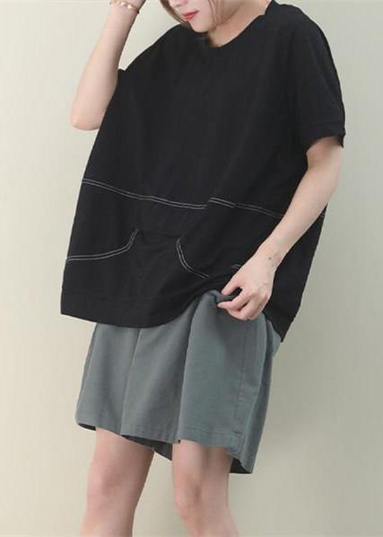 Simple O Neck Patchwork Cotton Tunic Work Outfits Black Blouse