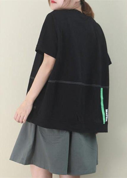 Simple O Neck Patchwork Cotton Tunic Work Outfits Black Blouse