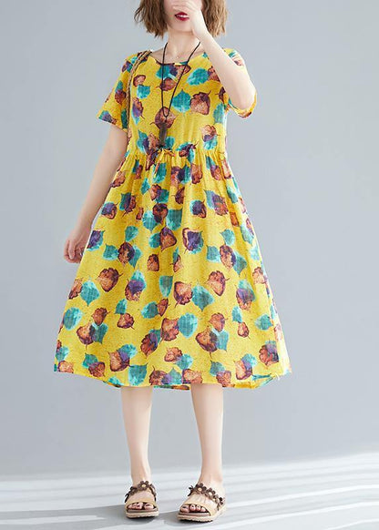Simple O Neck Patchwork Cotton Wardrobes Fitted Photography Yellow Print Cotton Dresses Summer