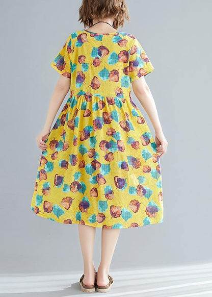 Simple O Neck Patchwork Cotton Wardrobes Fitted Photography Yellow Print Cotton Dresses Summer