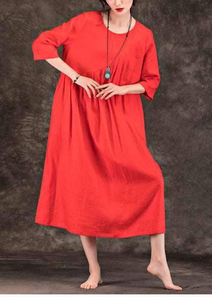 Simple O Neck Patchwork Linen Robes 18th Century Shape Orange Dresses Summer