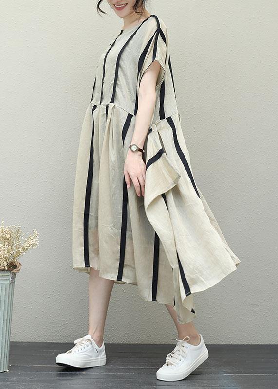 Simple O Neck Patchwork Chiffon Clothes for Design Khaki Striped Dresses