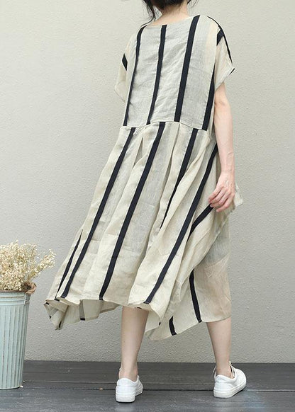 Simple O Neck Patchwork Chiffon Clothes for Design Khaki Striped Dresses