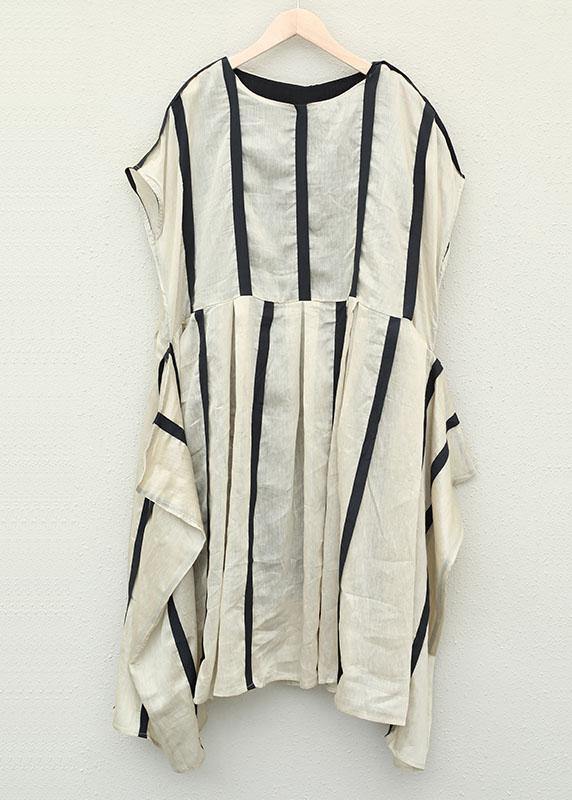 Simple O Neck Patchwork Chiffon Clothes for Design Khaki Striped Dresses
