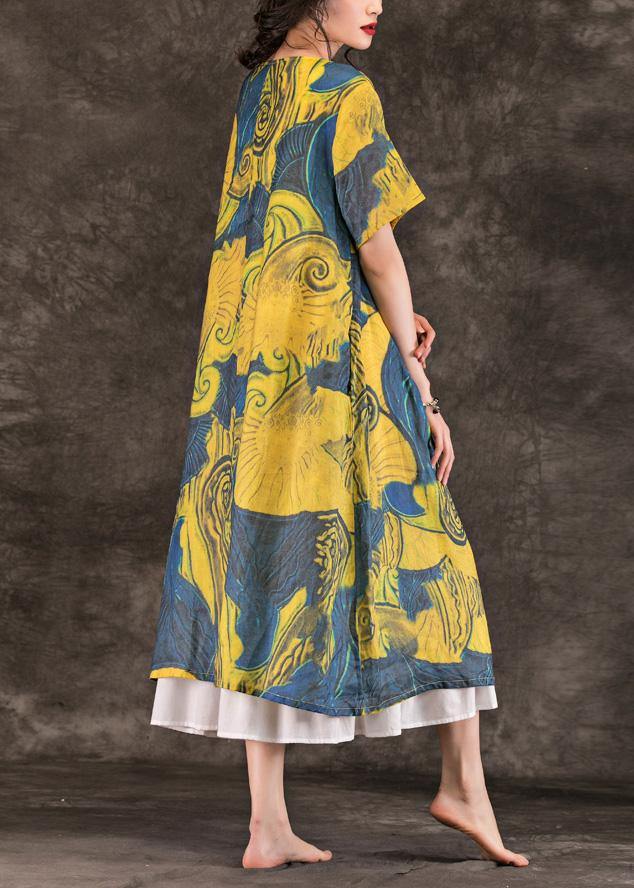 Simple O Neck Patchwork Linen Dress Photography Yellow Print Dresses Summer