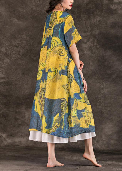 Simple O Neck Patchwork Linen Dress Photography Yellow Print Dresses Summer