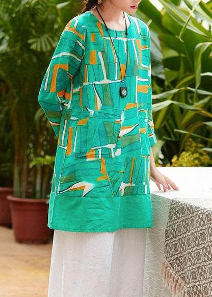 Simple O Neck Patchwork Pockets Linen Tunic Pattern Christmas Gifts Green Print Blouse Summer