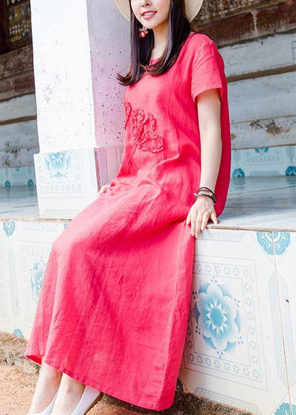 Simple O Neck Pockets Cotton Linen Dresses Pattern Red Dress Summer