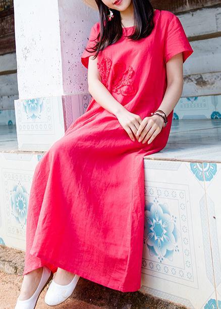 Simple O Neck Pockets Cotton Linen Dresses Pattern Red Dress Summer