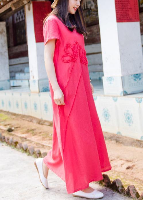 Simple O Neck Pockets Cotton Linen Dresses Pattern Red Dress Summer