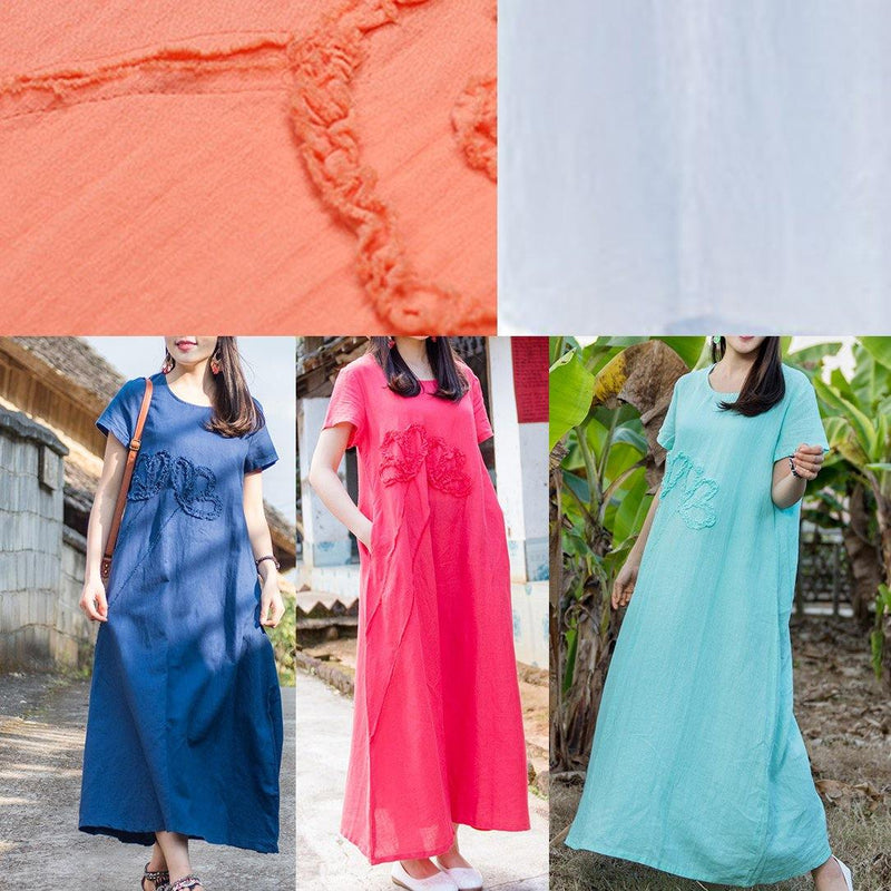 Simple O Neck Pockets Cotton Linen Dresses Pattern Red Dress Summer