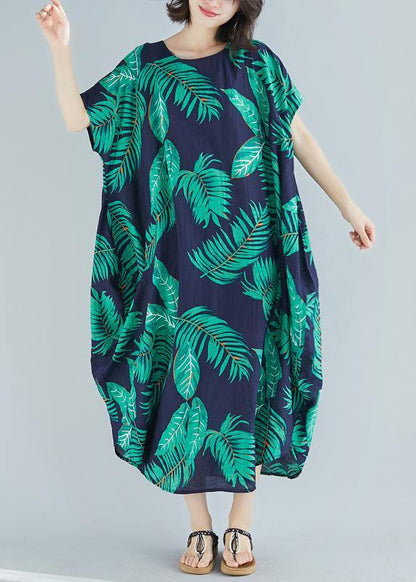 Simple O Neck Pockets Linen Cotton Quilting Clothes Runway Blue Print Dress Summer