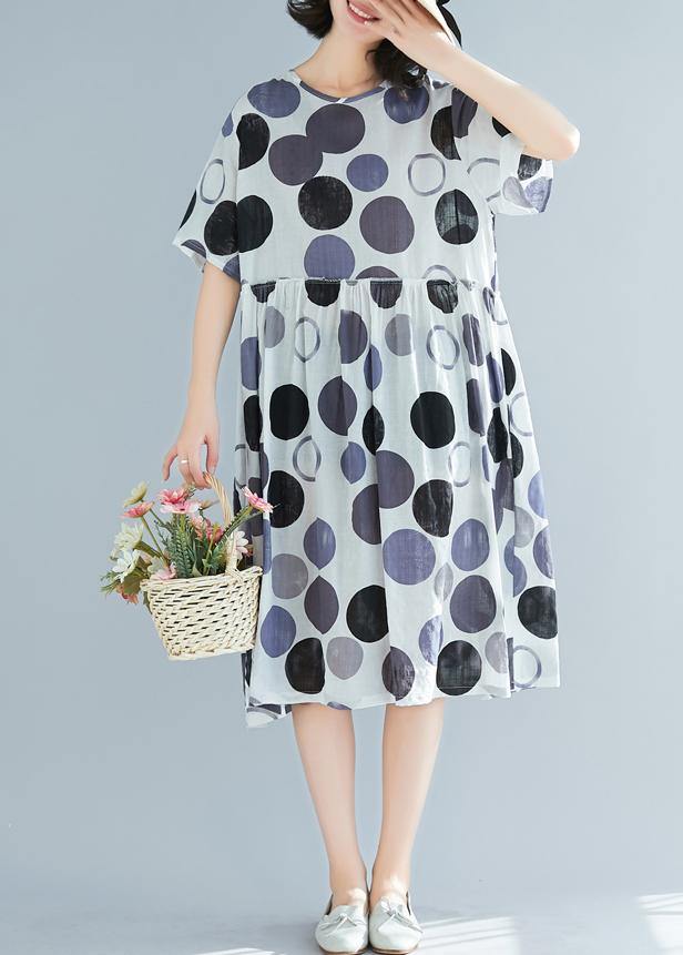 Simple O Neck Short Sleeve Linen Clothes Pakistani Shirts Blue Dotted Daily Dress Summer