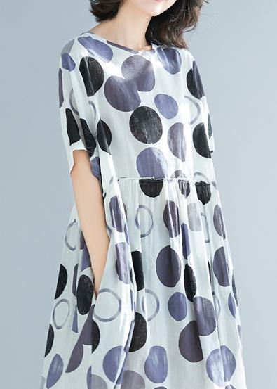 Simple O Neck Short Sleeve Linen Clothes Pakistani Shirts Blue Dotted Daily Dress Summer