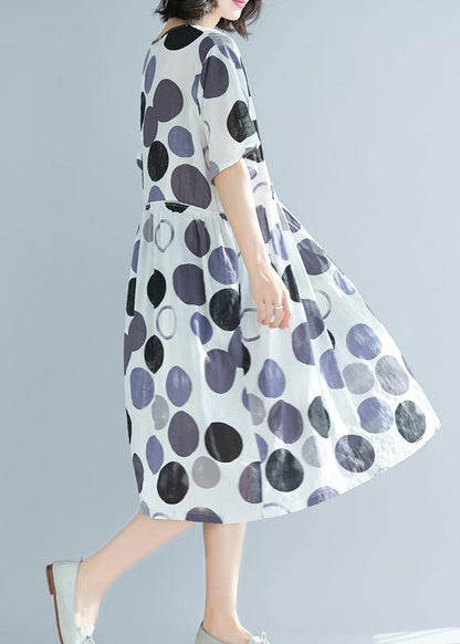 Simple O Neck Short Sleeve Linen Clothes Pakistani Shirts Blue Dotted Daily Dress Summer