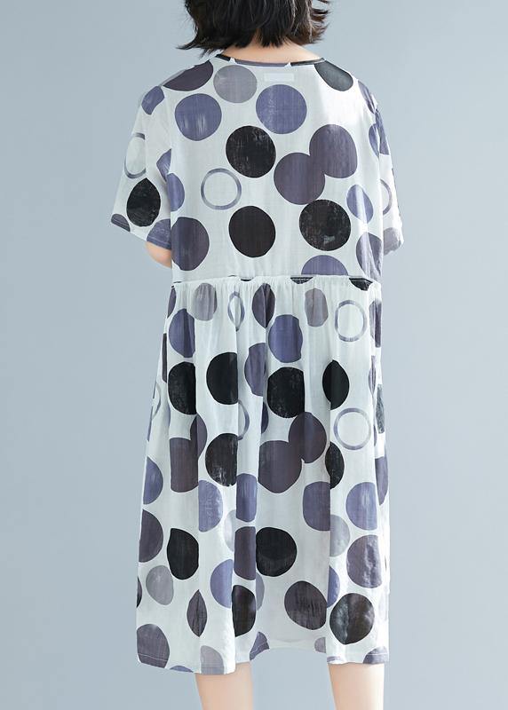 Simple O Neck Short Sleeve Linen Clothes Pakistani Shirts Blue Dotted Daily Dress Summer