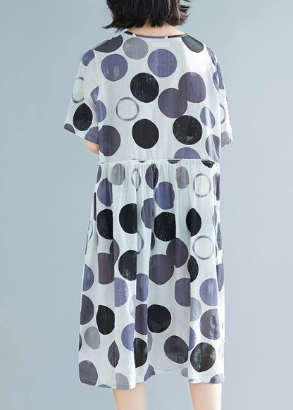 Simple O Neck Short Sleeve Linen Clothes Pakistani Shirts Blue Dotted Daily Dress Summer