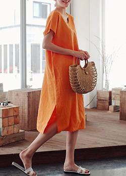 Simple O Neck Side Open Cotton Wardrobes Photography Orange Dress