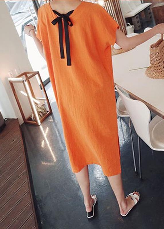 Simple O Neck Side Open Cotton Wardrobes Photography Orange Dress